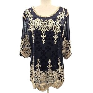 Simply Couture Tunic Intricate Black Mesh With Brocade Cream‎ & Gold Top Large